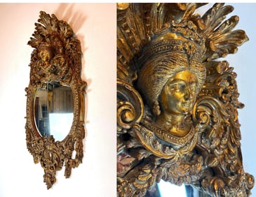 GILT FRAMED MIRROR WITH FEMALE FIGURAL CARTOUCHE BUST 59 INCHES TALL