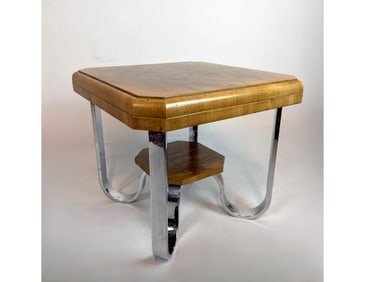 MILO BAUGHMAN STYLE MID CENTURY MODERN WOOD & CHROME ACCENT TABLE