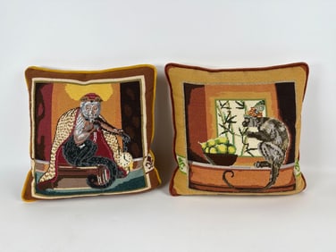 PAIR OF NEEDLEPOINT MONKEY PILLOWS W/VELVET BACKING