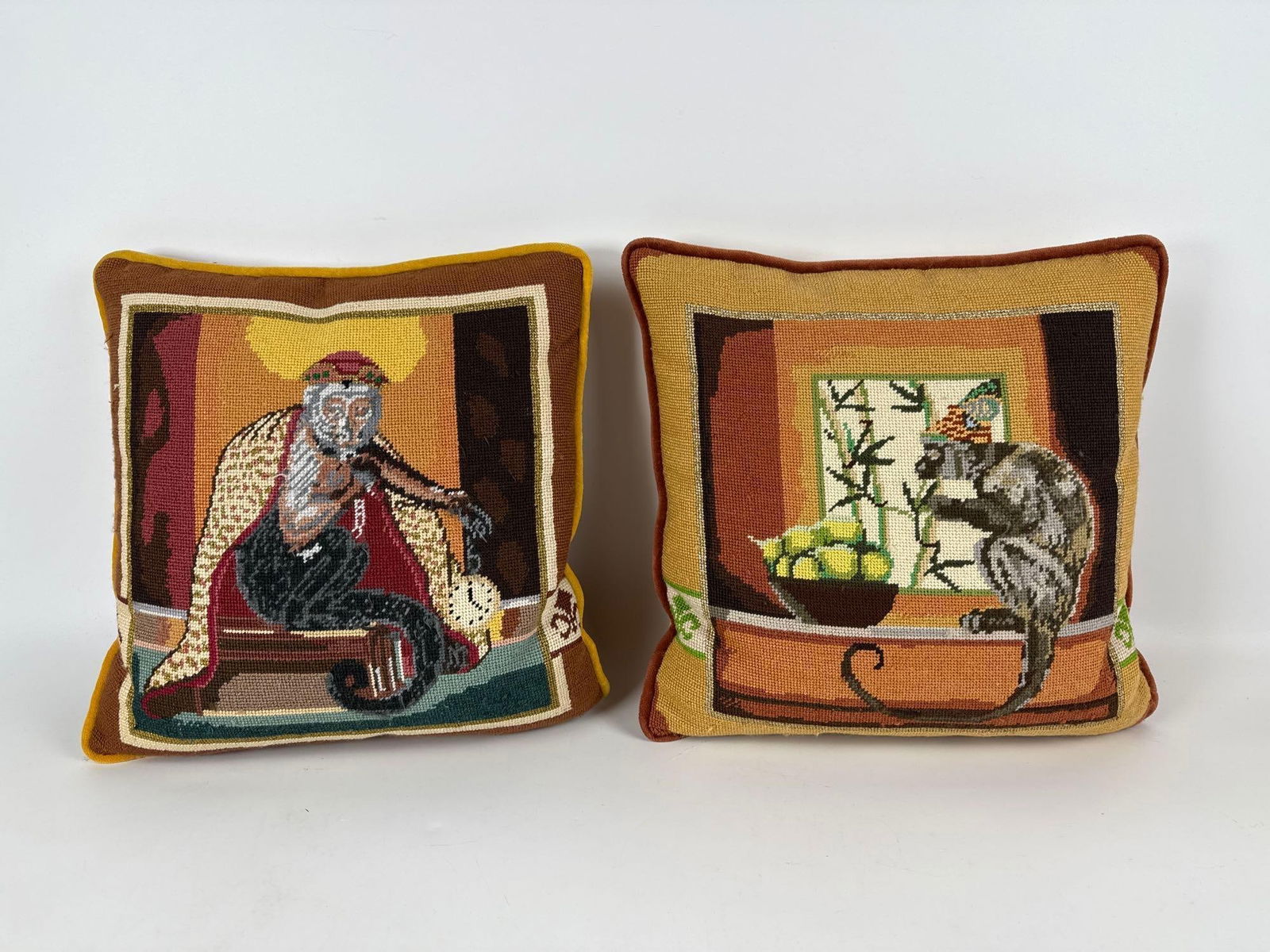 PAIR OF NEEDLEPOINT MONKEY PILLOWS W/VELVET BACKING (1 of 3)