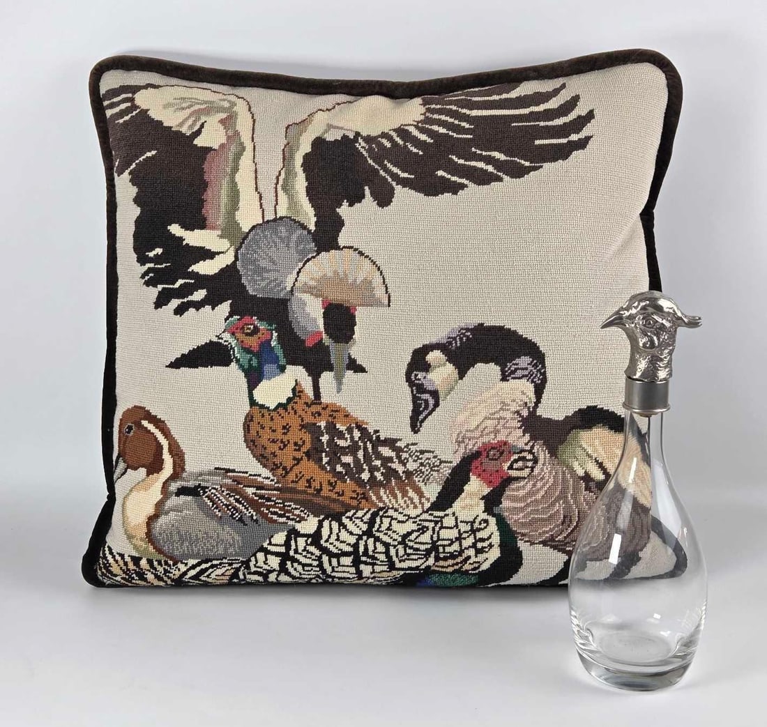 PHEASANT AND GROUSE NEEDLEPOINT PILLOW ON BROWN VELVET BACKING AND BIRD THEMED DECANTER (1 of 11)