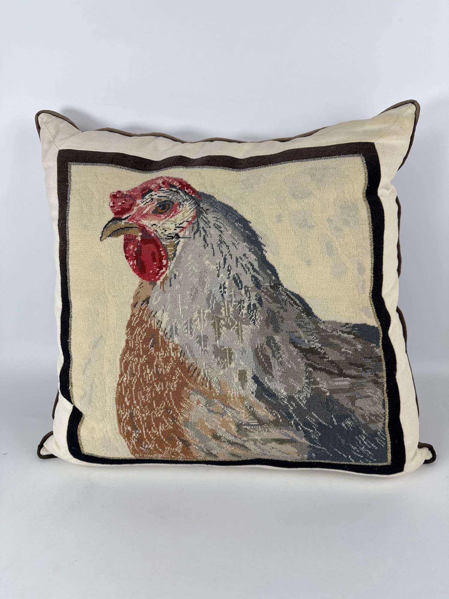 VINTAGE NEEDLEPOINT PILLOW OF A HANDSOME COCK (1 of 3)