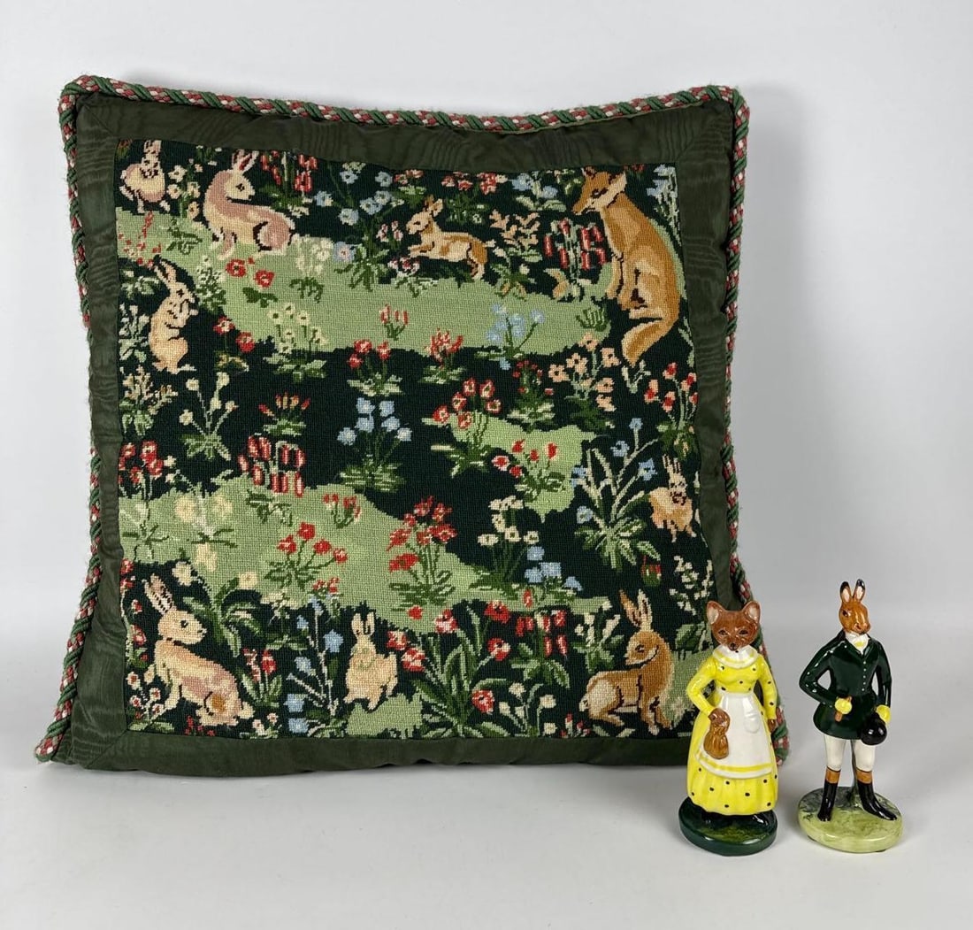 VINTAGE NEEDLEPOINT PILLOW FEATURING FOXES AND HARES ON MOIRE AND A PAIR OF COORDINATING FIGURINES (1 of 4)