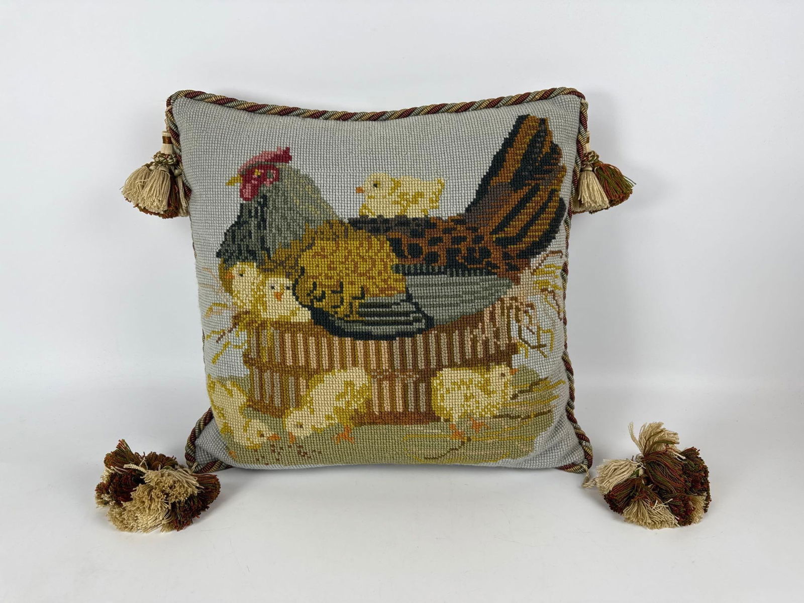 NEEDLEPOINT PILLOW FEATURING A MOTHER HEN W/ POM POM DETAIL (1 of 3)
