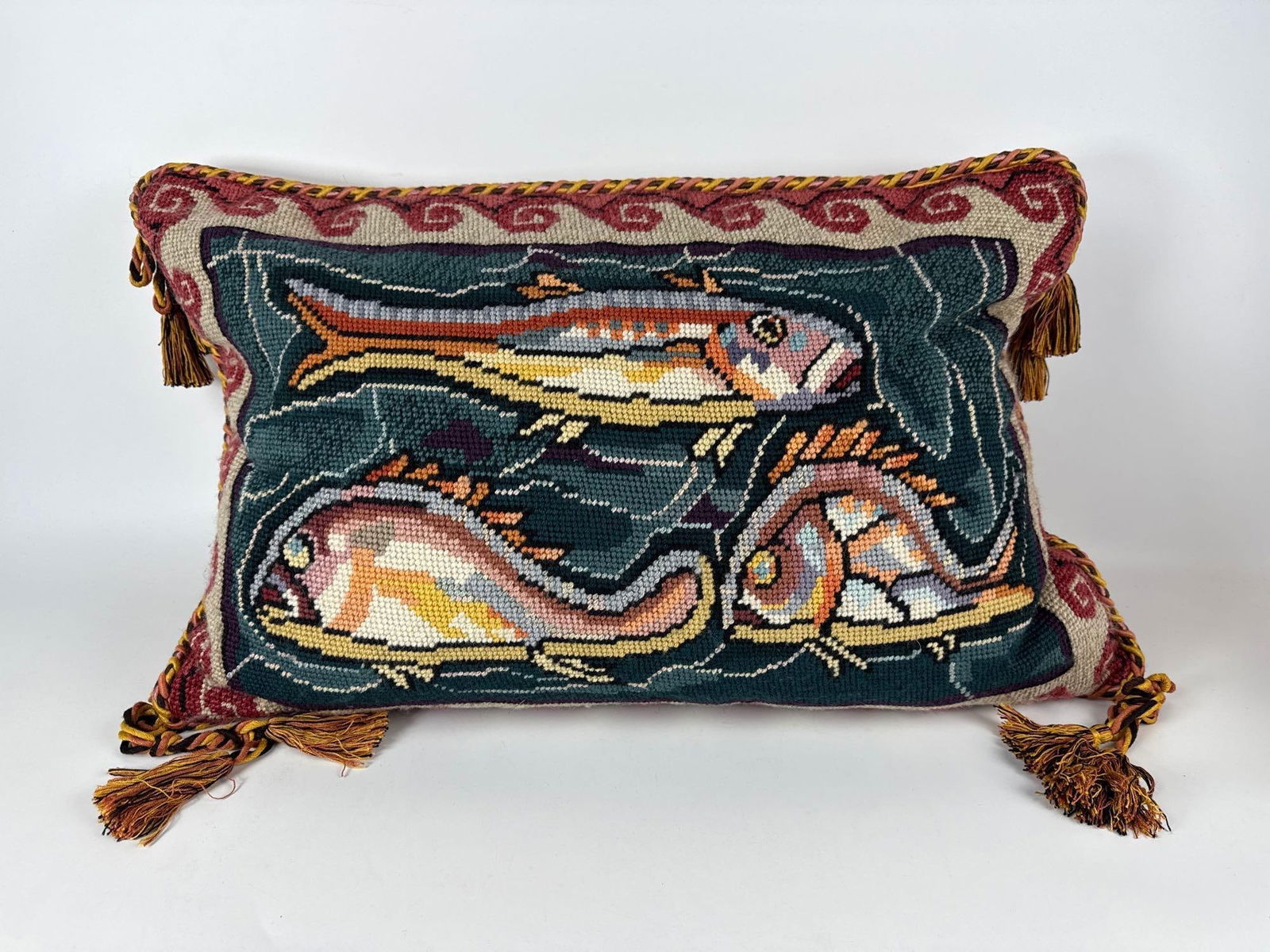 VINTAGE NEEDLEPOINT PILLOW FEATURING ROMAN MOSAIC SEAFOOD PLATTER (1 of 3)