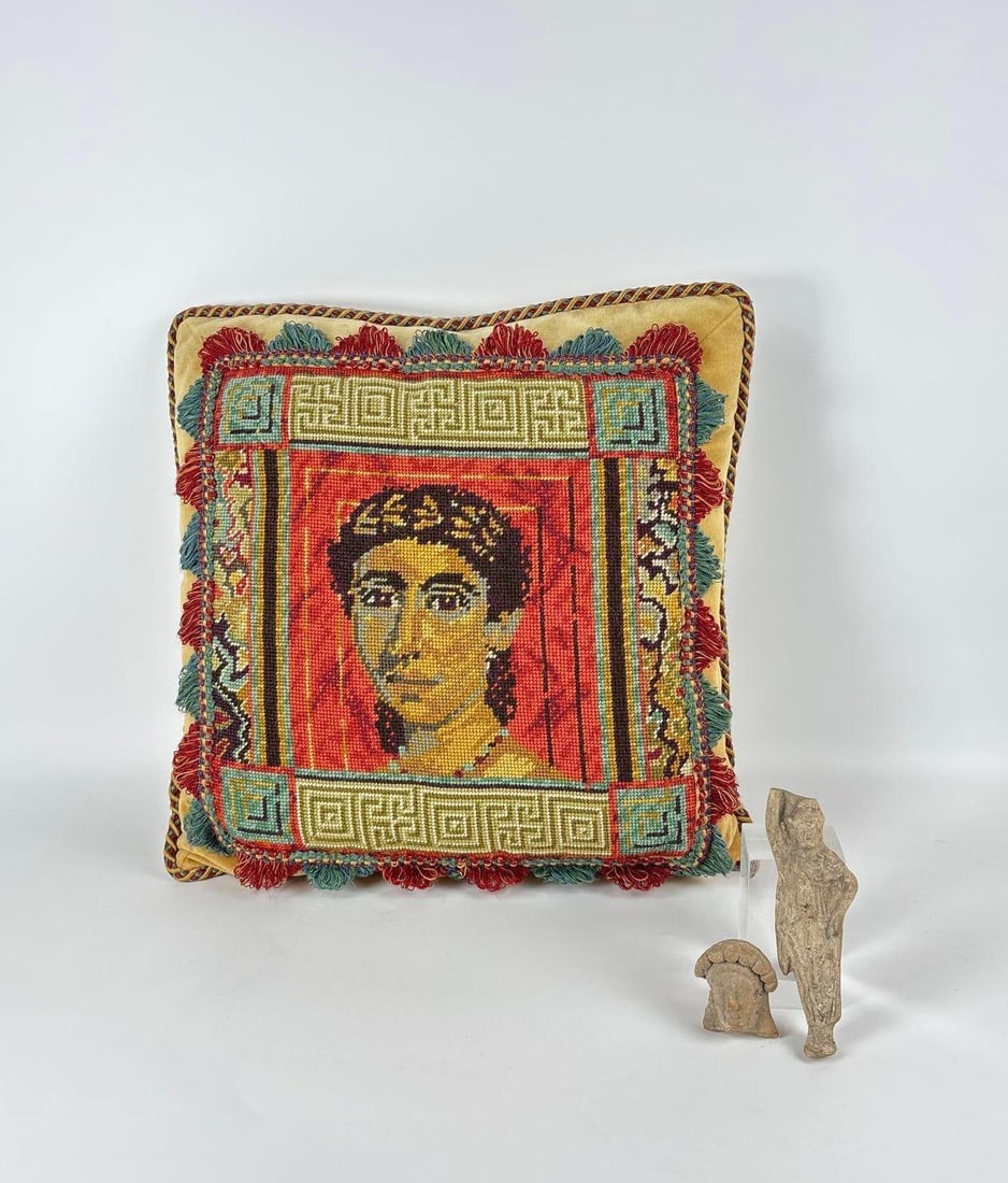 VINTAGE NEEDLEPOINT PILLOW FEATURING ROMAN NOBLE PORTRAIT W/FRINGE AND CLASSICAL FIGURE FRAGMENTS (1 of 9)