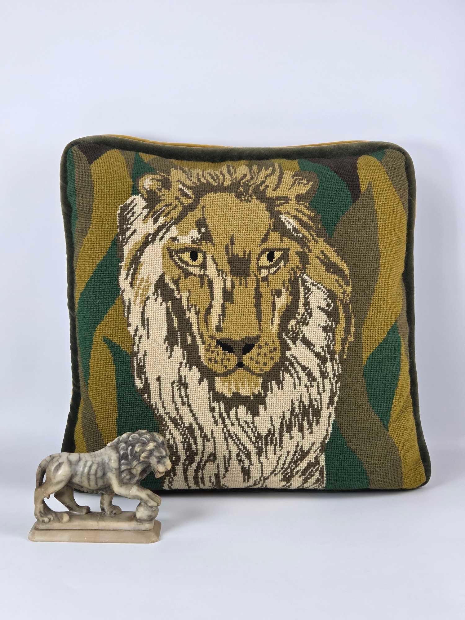 SQUARE NEEDLEPOINT PILLOW OF A LION W/VELVET PIPING AND BACKING (INCLUDES A LION FIGURAL FRIEND) (1 of 8)