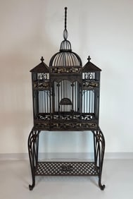 STUNNING SIX FOOT TALL WROUGHT IRON CATHEDRAL BIRD CAGE ON STAND