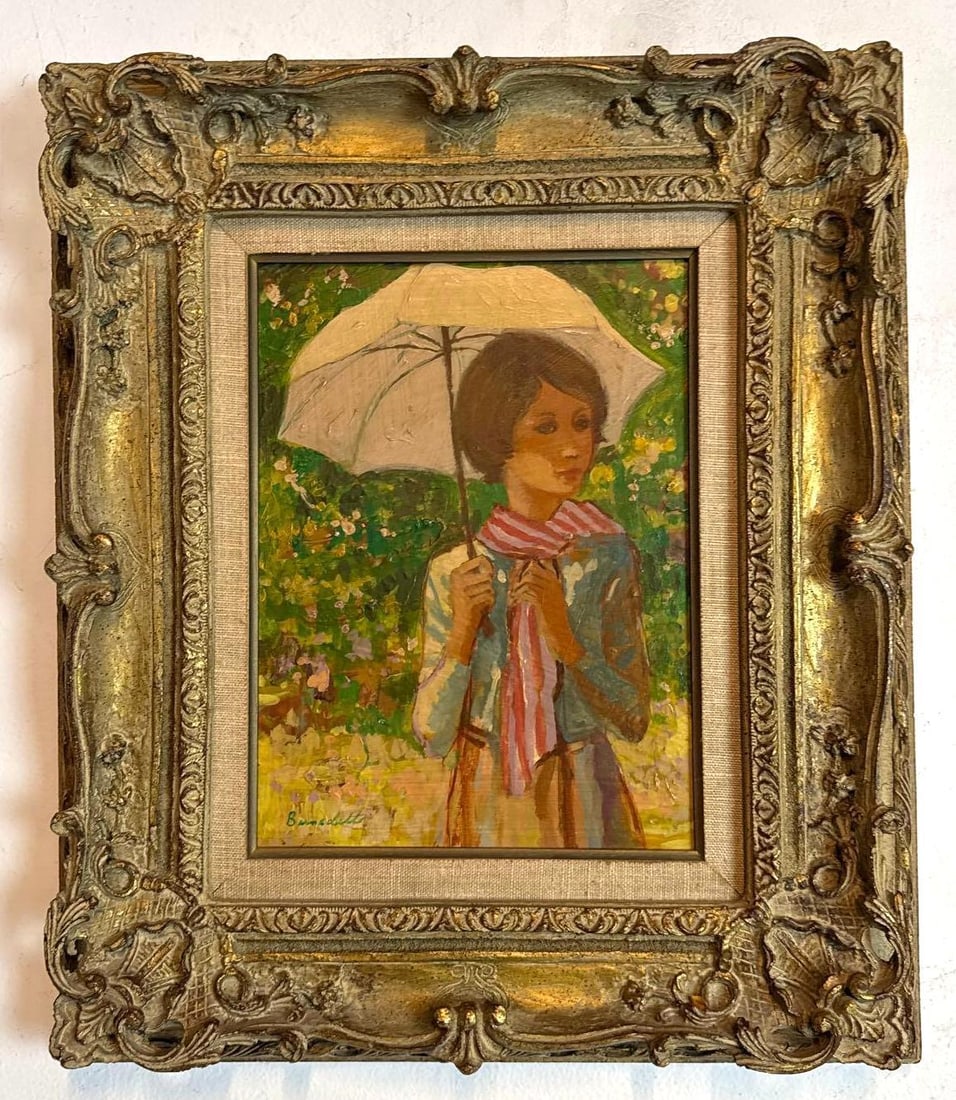IMPRESSIONIST PAINTING WOMAN WITH PARASOL IMPRESSIVE GILT FRAME: *A painting of a woman holding a parasol Dimensions: 12"L X 9"W Artist: Benedetti? Indescipherable Provenance: A New York Collector Notes: Although care is taken to photograph and describe the item, a