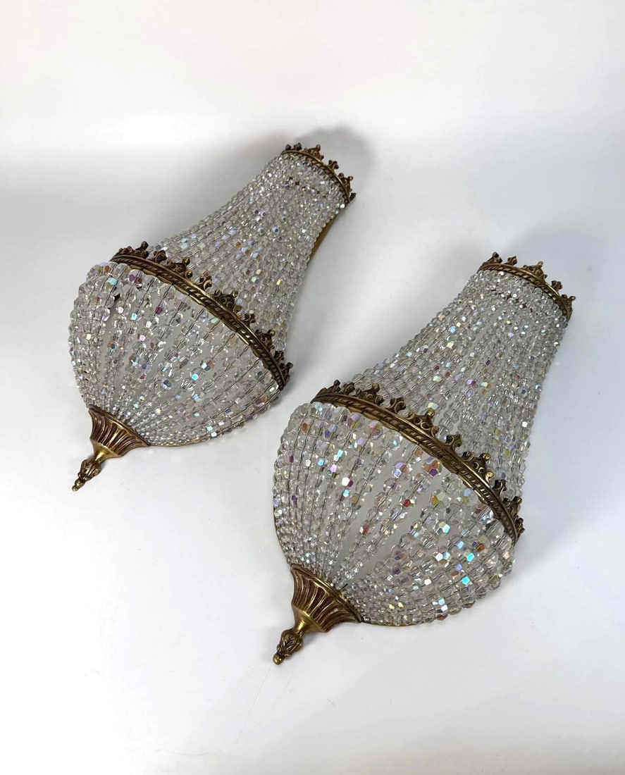 PAIR OF FRENCH EMPIRE STYLE GILT BRONZE & CRYSTAL WALL SCONCES (1 of 11)