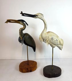 PAIR OF LARGE WOOD CARVED GREAT BLUE HERON & SNOWY EGRET BIRD STATUES BY JOHNATHAN J. DOWDALL