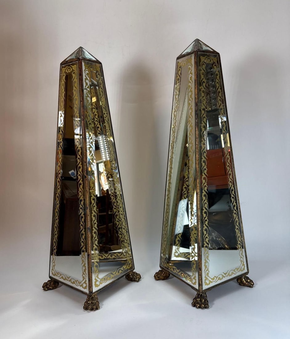 EXCEPTIONAL PAIR OF LARGE BRASS AND SMOKED MIRRORED GLASS FOOTED OBELISKS (26" TALL) (1 of 8)