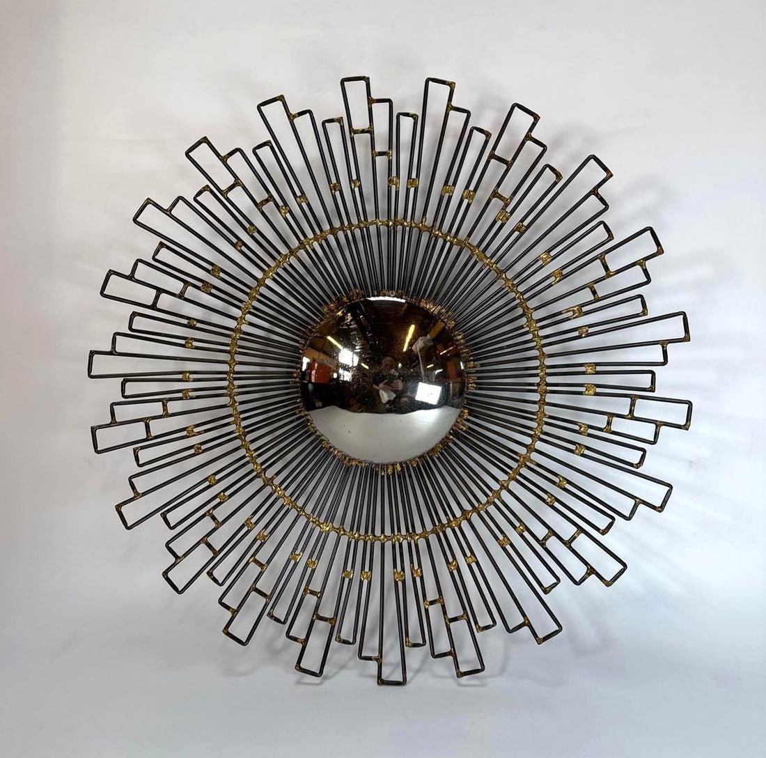 LARGE VINTAGE BRUTALIST METAL SUNBURST MIRROR WITH CONVEX CENTER (1 of 5)