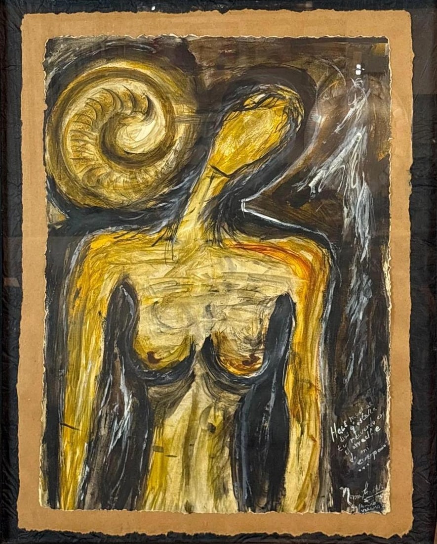 NUDE WOMAN MIXED MEDIA PAINTING SIGNED: *Signed Abstract Expressionist Mixed Media on Board Depicting Nude Women Dimensions: 34” x 28” Artist: Unknown Notes: Although care is taken to photograph and describe the item, absence of