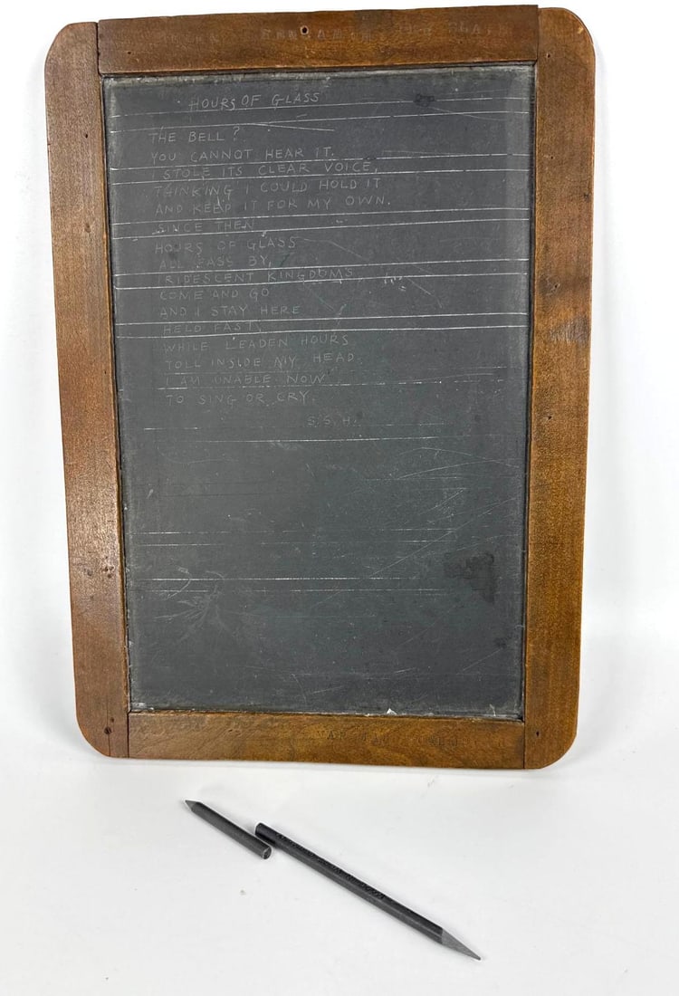 VARUJAN BOGHOSIAN SLATE ART "HELEN BENJAMIN HER SLATE" WITH PENCIL: *A mixed media art piece on slate. Dimensions: 12" x 8.5" ArtIst: Varujan Boghosian Provenance: A New York Collector Notes:Although care is taken to photograph and describe the item, absence of a c