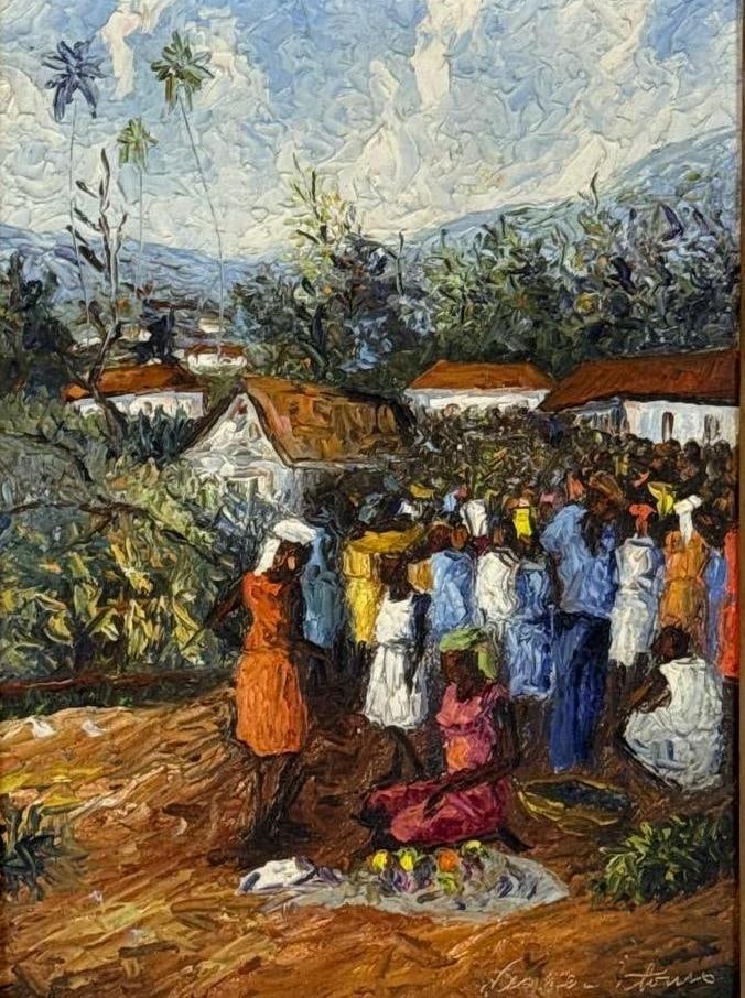 HAITIAN WESNER PIERRE-LOUIS MARKET SCENE PAINTING: *A Haitian Market Scene Painting Dimensions:16" x 12" ARTIST: Wesner Pierre-Louis Provenance: a New York Collector Notes: Although care is taken to photograph and describe the item, absence o