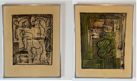 ABSTRACT FIGURATIVE COMPOSITIONS (PAIR), MIXED MEDIA ON PAPER, SIGNED I. SUSSKIND
