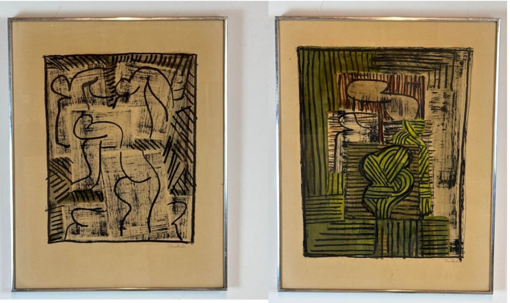 ABSTRACT FIGURATIVE COMPOSITIONS (PAIR), MIXED MEDIA ON PAPER, SIGNED I. SUSSKIND (1 of 12)