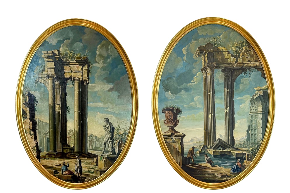 IMPRESSIVE PAIR OF 18TH/19TH CENTURY OVAL ITALIAN CAPRICCIO OIL PAINTINGS IN GILT FRAMES (1 of 11)