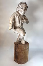 LARGE RARE 17TH CENTURY CONTINENTAL BAROQUE CARVED WOOD PUTTO SCULPTURE WITH DISTRESSED POLYCHROME