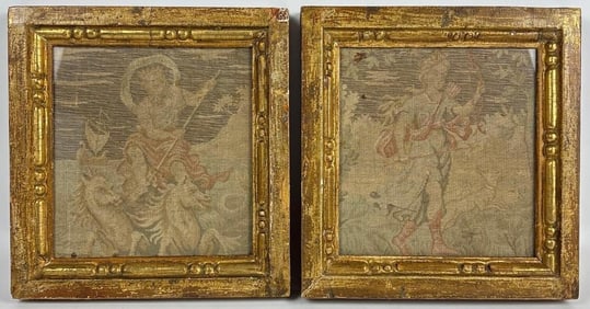 PAIR OF ANTIQUE/VINTAGE WOVEN TAPESTRY PANELS WITH ORNATE GILTWOOD FRAMES