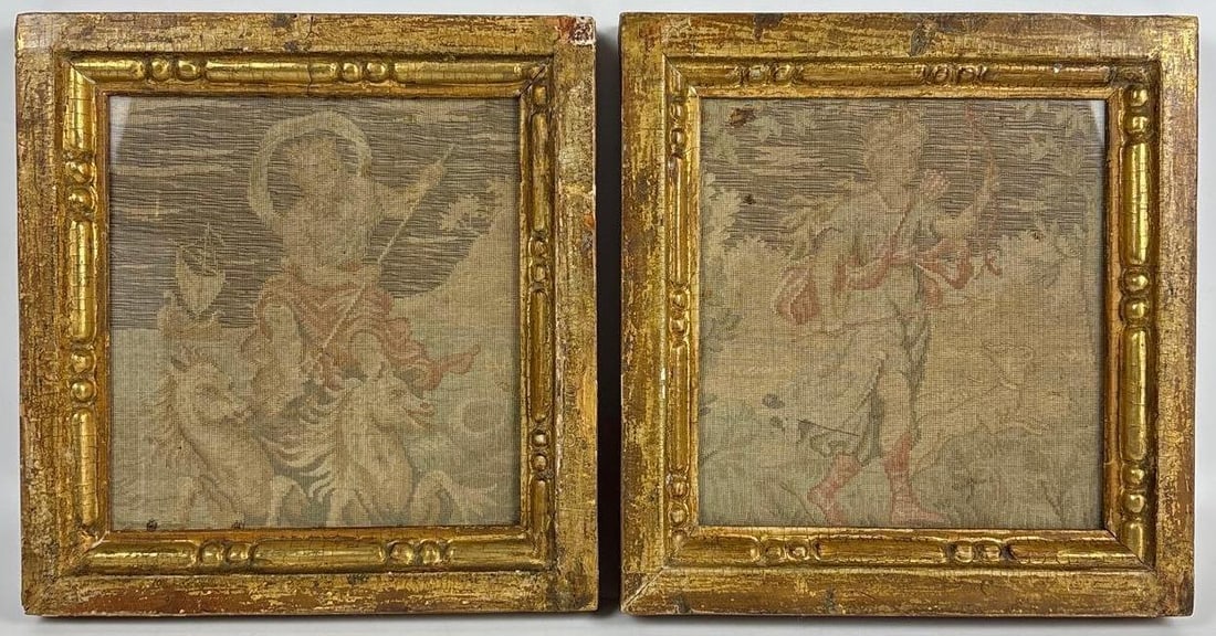 PAIR OF ANTIQUE/VINTAGE WOVEN TAPESTRY PANELS WITH ORNATE GILTWOOD FRAMES (1 of 5)