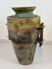 EXTRA LARGE VINTAGE 32" TERRACOTTA OLIVE JAR, MODIFIED AS A VASE