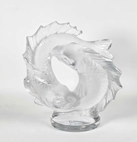 LARGE LALIQUE FRANCE "DEUX POISSONS" DOUBLE FISH CRYSTAL SCULPTURE (MARC LALIQUE, 1953)