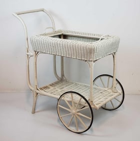 ANTIQUE WHITE WICKER TEA | BAR CART TROLLEY