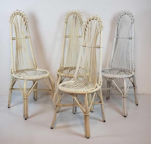 FOUR HIGH BACK VINTAGE WHITE WHITE RATTAN CHAIRS VIVAI DEL SUD STYLE