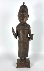 LARGE 2' TALL AFRICAN BENIN BRONZE WARRIOR FIGURE STATUE