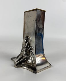 ANTIQUE ART NOUVEAU WMF-STYLE SILVER PLATED FIGURAL EGYPTIAN MOTIF VASE WITH BRASS LINER