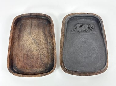 ANTIQUE CHINESE DUAN INKSTONE W/ CARVED HARDWOOD BOX | SCHOLAR'S OBJECT