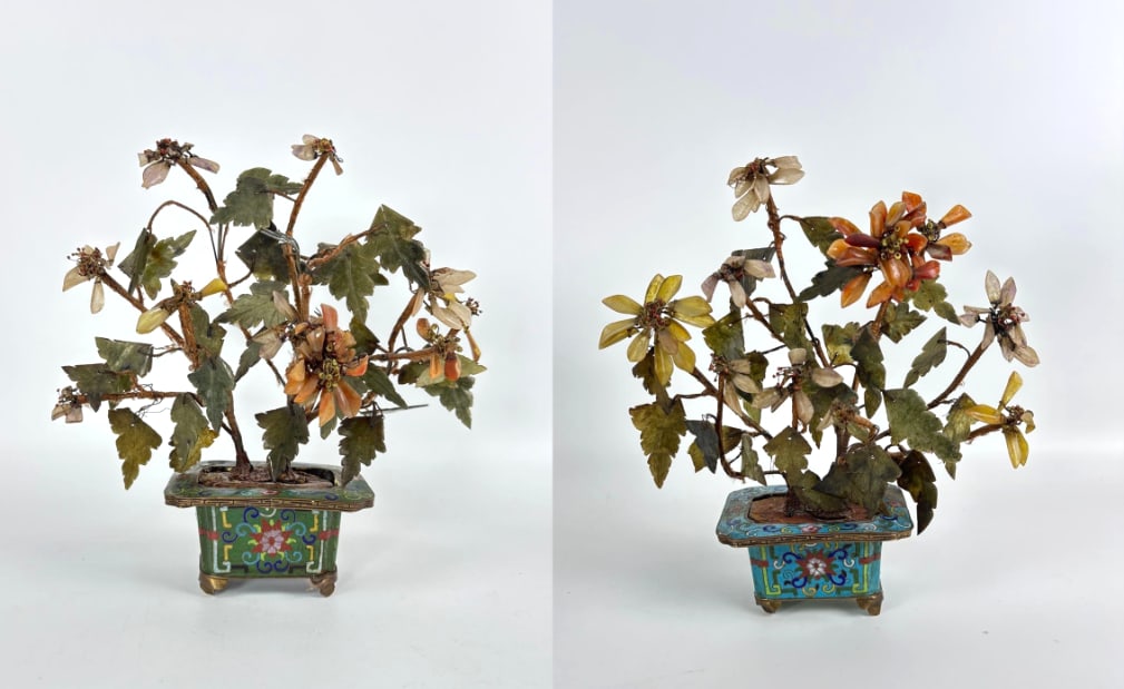 PAIR OF ANTIQUE CHINESE JADE AND HARDSTONE FLOWER TREES IN CLOISONNE JARDINERE POTS (1 of 7)