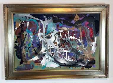 VIBRANT MID-CENTURY ABSTRACT EXPRESSIONIST OIL PAINTING, SIGNED MULLIN AND FEATURING A MONOGRAM 'M'