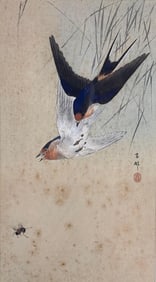 OHARA KOSON WOODBLOCK PRINT  "SWALLOWS CHASING BUG"