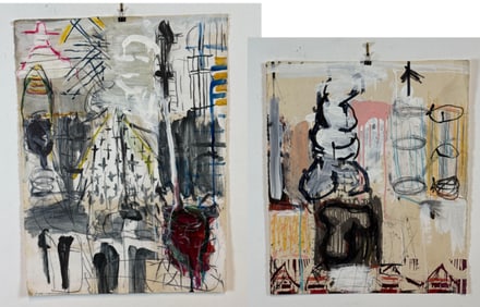 RUSSEL CHRISTOFFERSEN TWO MIXED MEDIA ON PAPER ABSTRACT PAINTINGS ONE SIGNED AND DATED