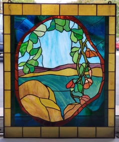 VINTAGE LANDSCAPE MOTIF LEADED GLASS WINDOW