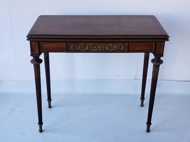 FRENCH LOUIS XVI STYLE ANTIQUE INLAID MARQUETRY BRONZE MOUNTED FOLDOVER GAME TABLE SORMANI STYLE