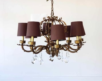 VINTAGE SPANISH GILT METAL EIGHT-LIGHT CHANDELIER WITH CRYSTAL PRISMS