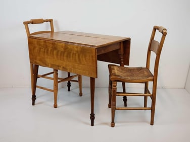 VINTAGE DROP LEAF TABLE AND PAIR OF HITCHCOCK STYLE RUSH SEAT CHAIRS
