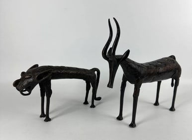 WEST AFRICAN BENIN MANNER BRONZE SCULPTURE PAIR OF ANIMALS ANTELOPE & WART HOG STYLE