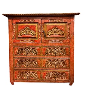 ANTIQUE SPANISH RED LACQUER CHEST OF DRAWERS CABINET BRASS HARDWARE