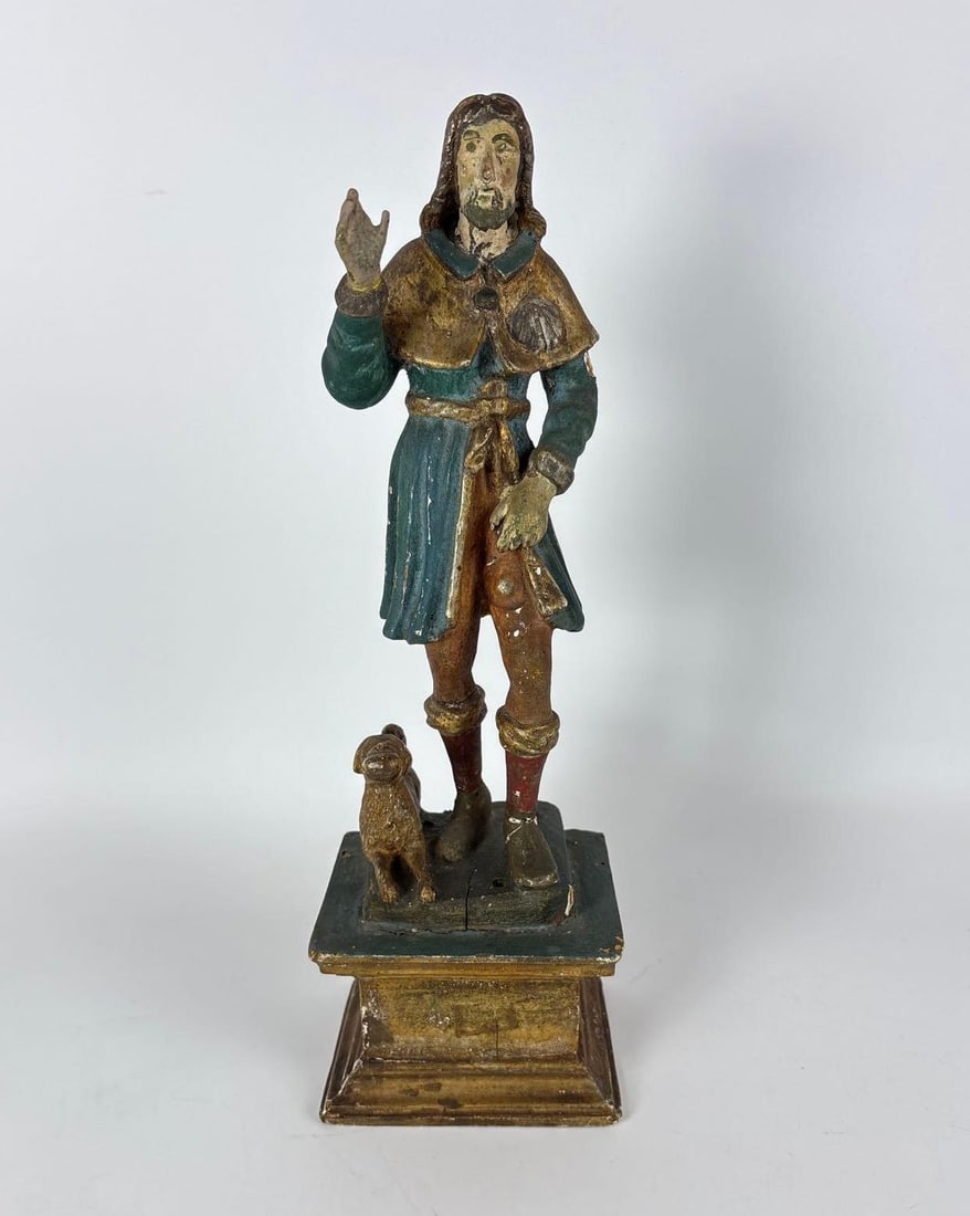 ANTIQUE CARVED WOOD SAINT ROCH SANTO FIGURE C. 1800'S POLYCHROME PAINTED WITH DOG (1 of 8)