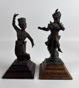 PAIR OF ASIAN THAI BRONZE DANCER FIGURES APSARA OR KHON STYLE ON WOOD STANDS