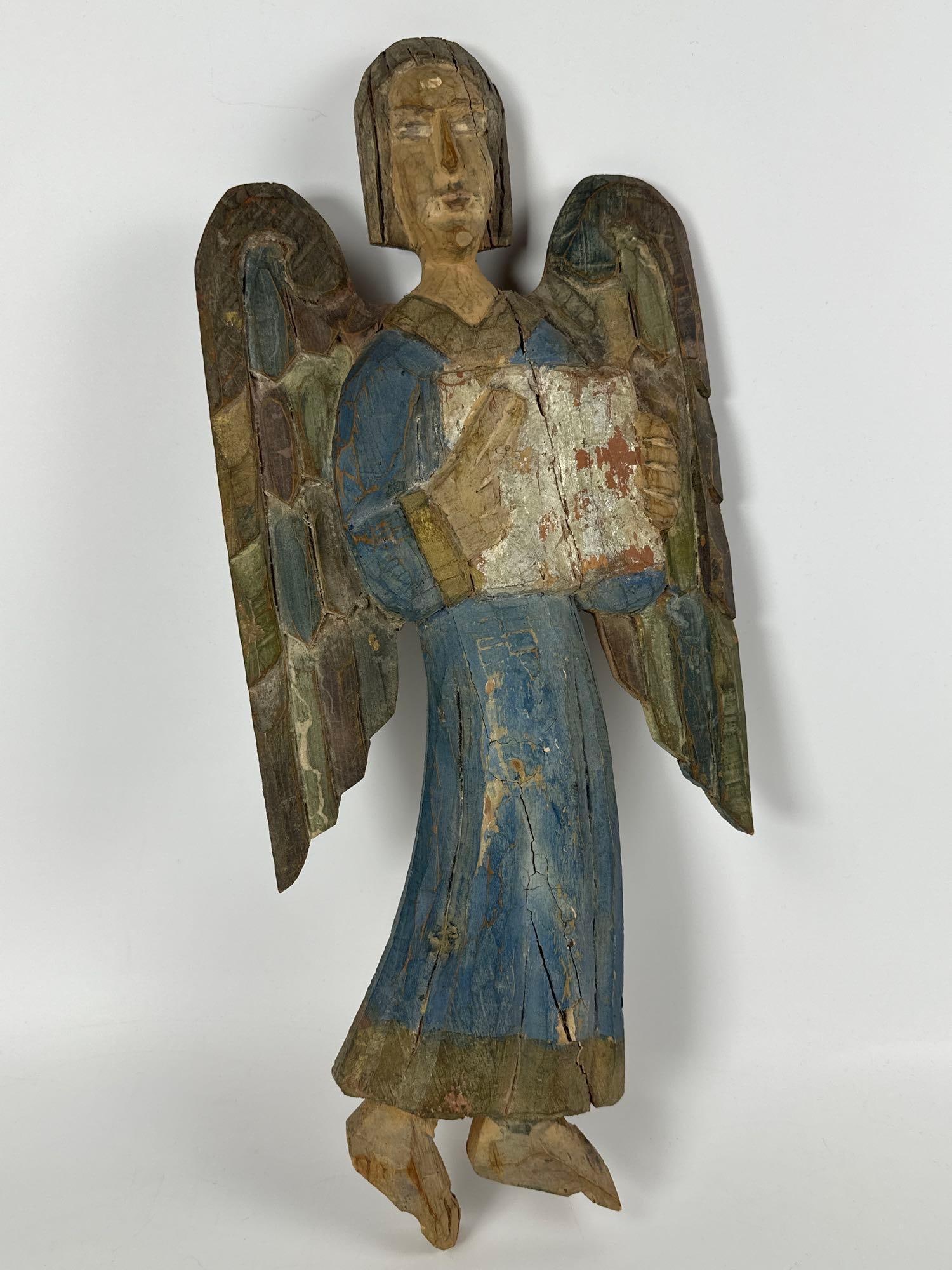 ANTIQUE HAND CARVED WOOD ANGEL STATUE SANTOS FIGURE POLYCHROME PAINTED PUTTO (1 of 7)