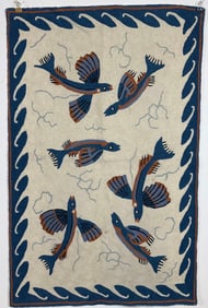 VINTAGE CREWEL THREADWORK TAPESTRY WALL HANGING: FLYING FISH MOTIF