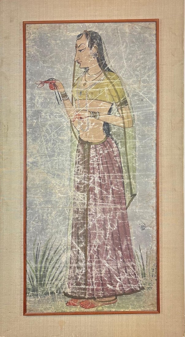 LARGE INDIAN PAINTING MOUNTED ON FABRIC: A vertical, traditional Asian painting mounted on fabric. Dimensions: 53" x 29" Maker: Unknown Provenance: The Estate of Joseph Rodano Notes: Although care is taken to photograph and describ