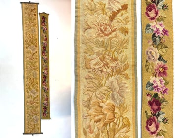 LARGE PAIR OF LONG VINTAGE NEEDLEPOINT TAPESTRY WALL HANGINGS