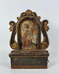 18TH CENTURY (?) CONTINENTAL PAINTED WOOD ALMS BOX OR DEVOTIONAL SHRINE